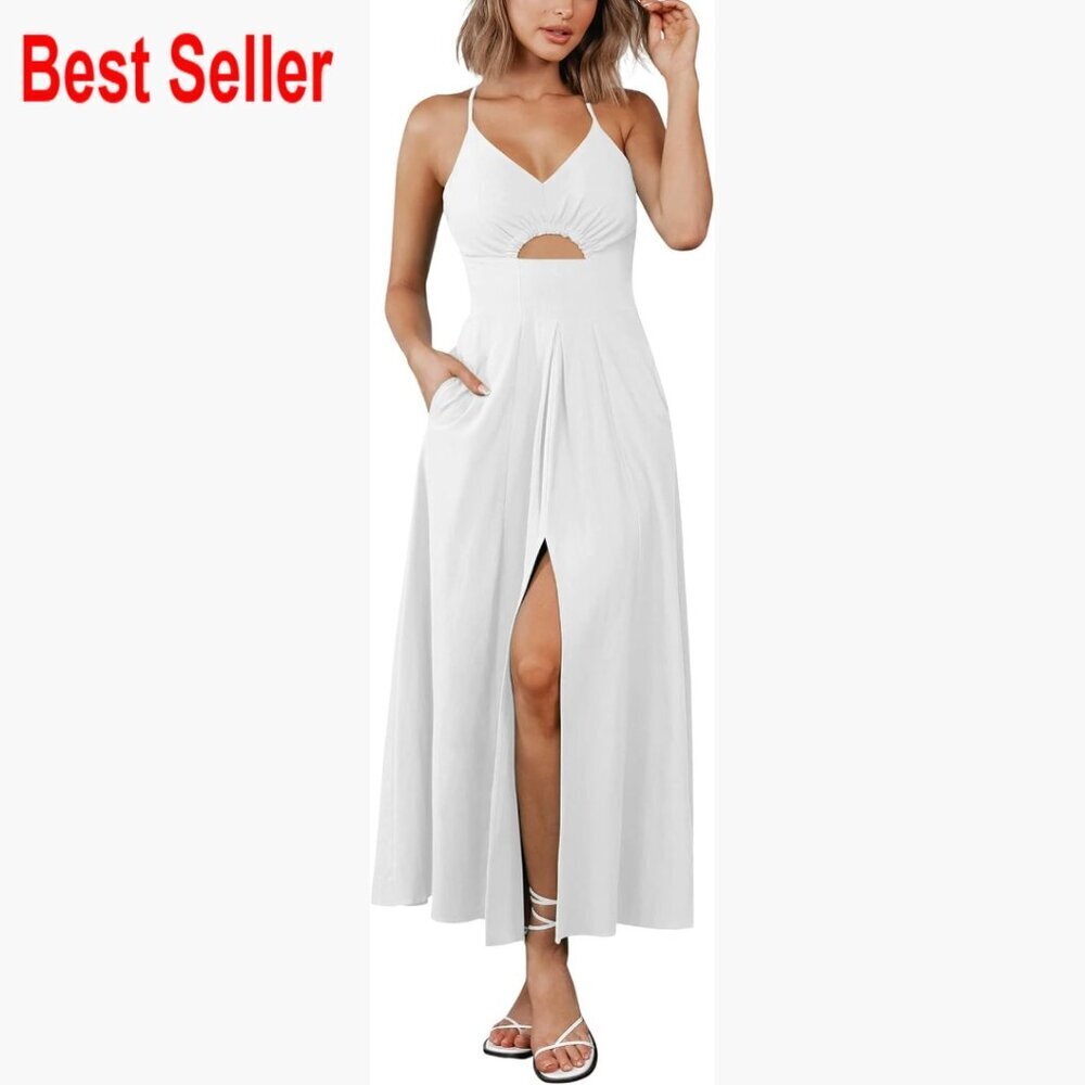 Spaghetti Strap Maxi Dress with Cutout and Pockets, 74% Polyester 21% Viscose